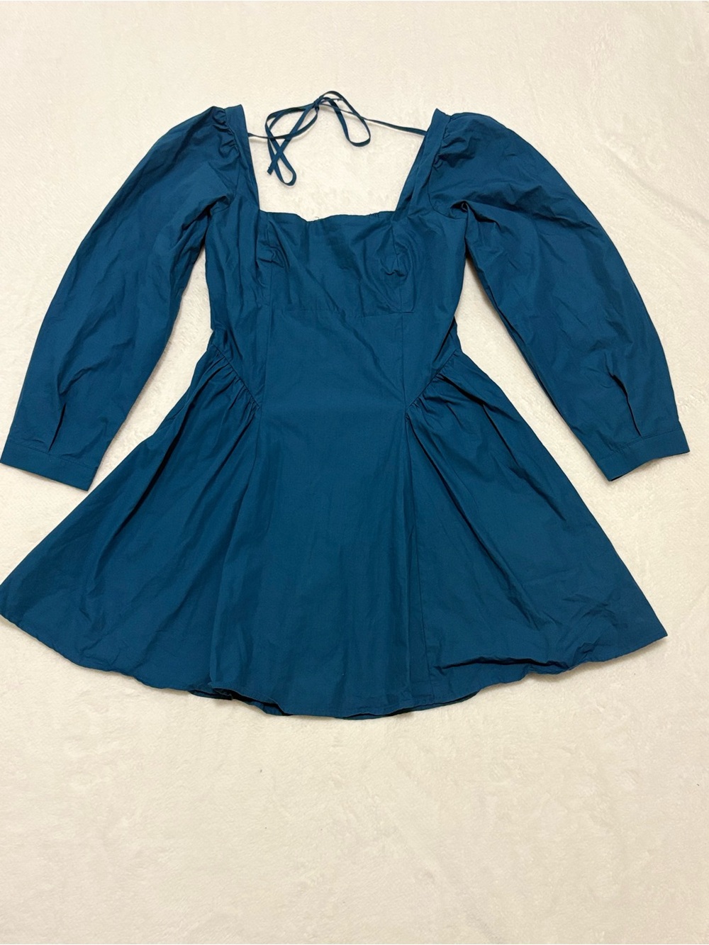 Anthropologie Blue Cotton Smocked Square Neck Tie Back Puff Sleeve A-Line M
